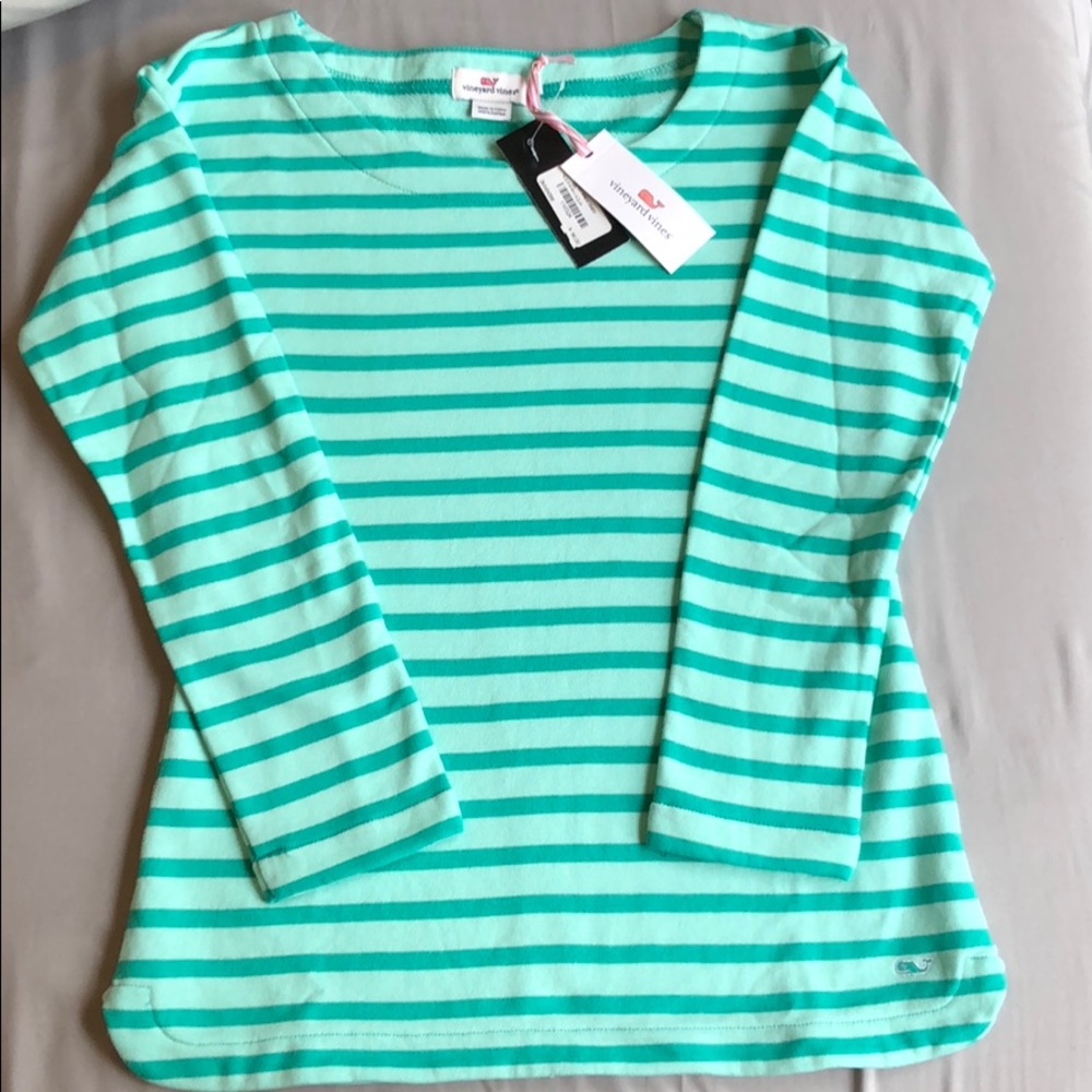 Vineyard Vines teal striped boat neck shirt